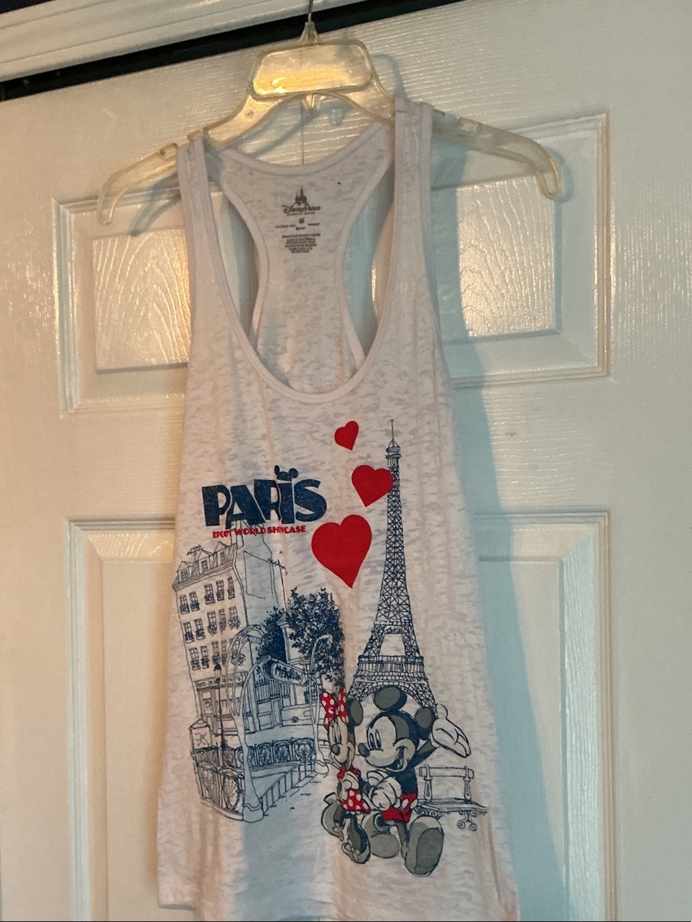 Disney White Tank Top with Navy Paris Skyline and Red Heart Mickey Graphic